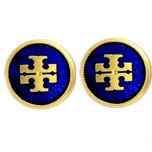 Tory Burch semiprecious lapis blue round button stud logo earrings